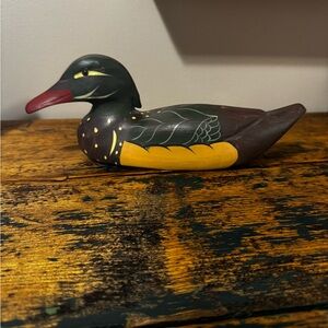 Hand-Painted Decorative Duck Decoy in Green, Yellow and Red